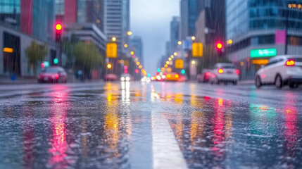 Fototapeta premium Glowing city streets reflect on wet concrete during rainy evening with blurred lights