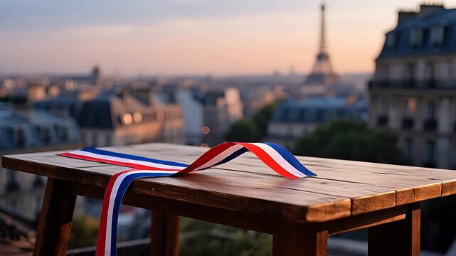 French flag ribbon on wooden table with Eiffel Tower view