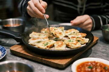Person cooking pan-fried dumplings with a spoon, served with dipping sauce