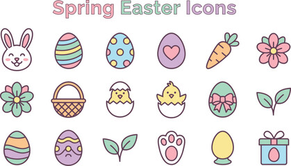 Vibrant pastel easter eggs bunny icons collection with spring elements and symbols in a festive illustration