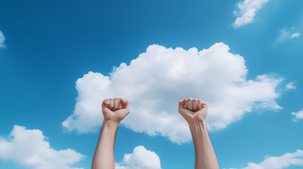 Raised hands sky cloud unity motivation freedom success concept with blue sky background