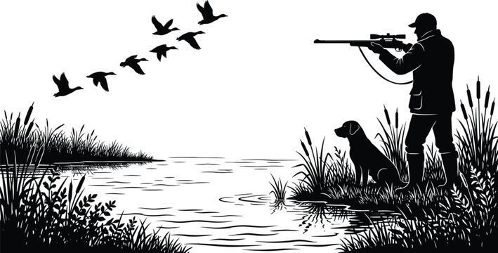 Duck hunting silhouette scene with hunter aiming rifle at flying mallards accompanied by labrador dog in marsh lake landscape for outdoor sports