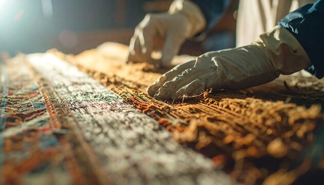 Unveiling History: A skilled artisan, adorned in protective gloves, meticulously examines and restores an ancient tapestry, breathing new life into a relic of the past. 