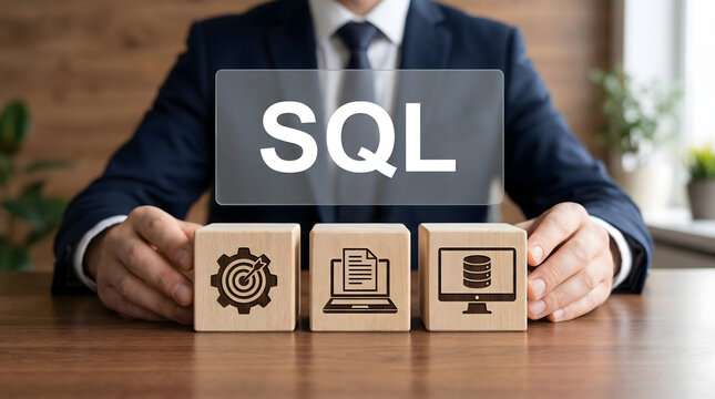 A business professional in a suit demonstrates SQL database programming and management with three wooden blocks featuring icons on an office desk