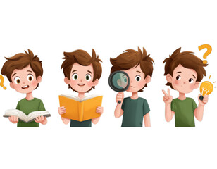 A cartoon boy in various poses representing learning and creativity with a magnifying glass, book, and lightbulb © MDSOPON