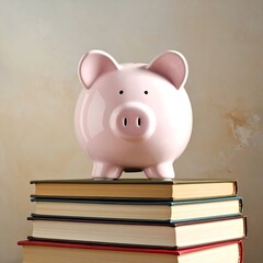 A pink piggy bank sits on a stack of colorful books