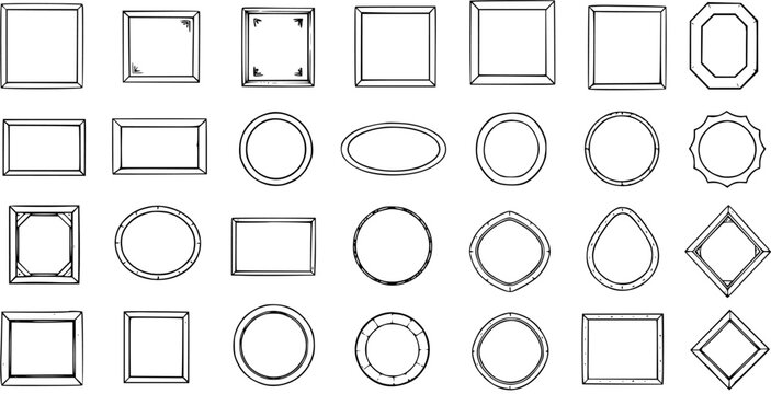 Black and White Line Art Frames Set. A Collection of Outline Geometric and Decorative Shapes, Basic Borders, and Emblems for Graphic Design Projects.