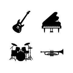 Musical instruments collection featuring guitar piano drums and trumpet silhouette on transparent background © Hridoy