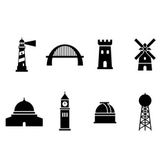 Naklejka premium Black landmarks icons set with lighthouse bridge and dome on transparent background silhouette