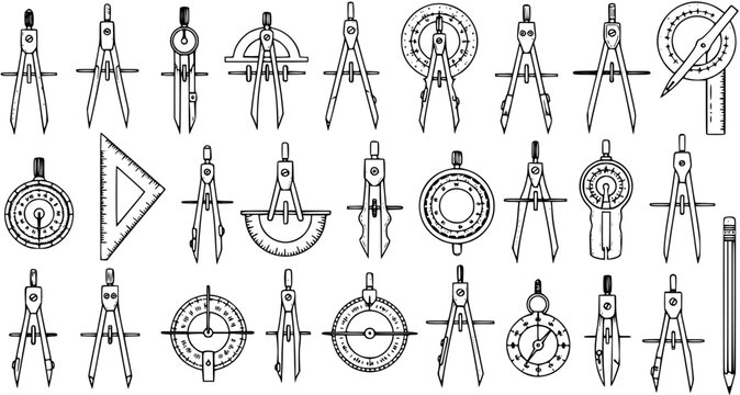 Black and White Line Art Collection of Drafting Tools, Compasses, Protractor, Triangle Ruler, Pencil