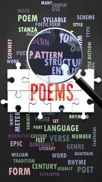Poems under magnifying glass, being researched, studied and examined. Most important subjects and ideas closely related to poems written around a puzzle to symbolize complexity of poems.
