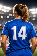 Fototapeta premium Female soccer player in blue jersey with number 14