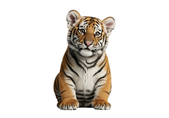 Obraz premium Cute Tiger Cub Sitting Isolated Realistic Photo Orange Black Stripes