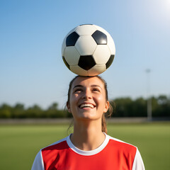 Obraz premium Young soccer player balancing a ball on her head