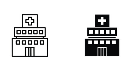 Naklejka premium A medical building icon with a cross symbol on top, representing healthcare and medicine in a simple black and white design.