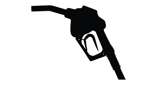 Silhouette of a black gas pump nozzle against a stark white background