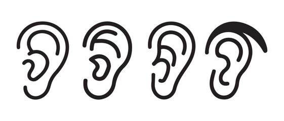 Obraz premium Minimalist human ear icons in black outline style, representing hearing, anatomy, and communication.