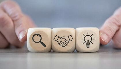 Hands arranging wooden blocks with business icons for strategy and partnership