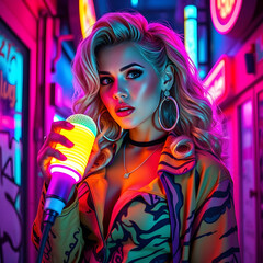 Reina del Rap 80's, Microfonó Vibrátil, Atuendo Retro Neón