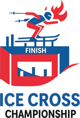 Dynamic Ice Cross Championship Logo with Skater, Finish Line, and Bold Red Blue Design © Bacon