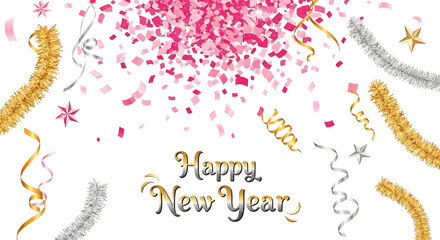 Obraz premium Happy New Year Pink Gold Silver Confetti Glitter Isolated Transparent PNG