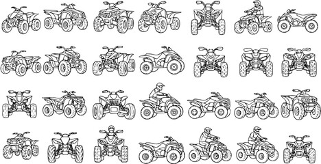 Automotive  Recreation: Black and White Line Art Collection of All-Terrain Vehicles (ATVs)  Quad Bikes - Outline Drawings and Vector Sketches © pixsource