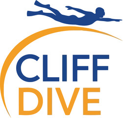 Cliff Dive Logo with Silhouette Diver and Dynamic Arc for Adventure Sports Branding © Bacon