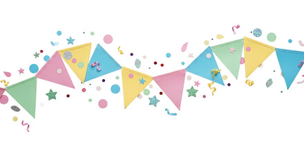 Obraz premium Pastel Party Bunting Banner With Confetti Stars And Glitter Isolated On White