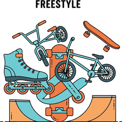 Freestyle Extreme Sports Illustration with Skateboard, BMX Bike, Rollerblade and Ramp in Flat Style © Bacon