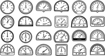 Black and White Line Art Vector Icon Set of Industrial Technology, Automotive, and Engineering Measurement Gauges and Meters