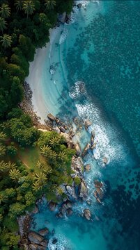 Aerial view of tropical beach with turquoise water, rocky shore and lush green forest, scenic ocean coastline landscape and summer travel destination.