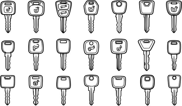 Automotive Car Keys Vector Set Black and White Line Art Icons Collection for Vehicle Security and Access