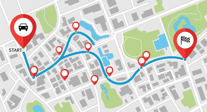 GPS Navigation Map with Route and Pins.