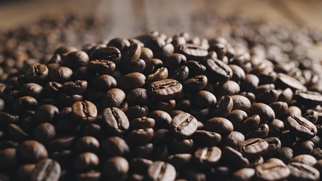 Freshly roasted coffee beans spilling from a container onto a rustic wooden