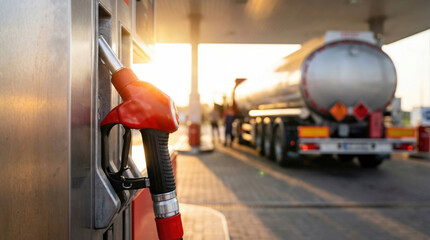 Obraz premium Oil price global crisis fuel pump at gas station sunrise light