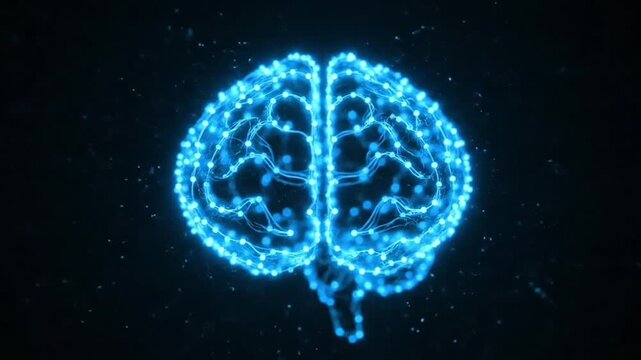 A glowing blue brain illustration on a dark, starry background viewed from the front