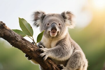 A koala bear clinging to a tree branch with eucalyptus leaves, set against a soft natural background.