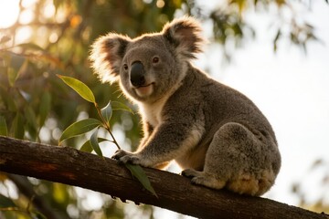 Koala resting on a tree branch amidst eucalyptus leaves during daylight