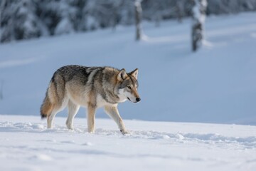 Obraz premium Wolf walking across a snowy landscape in winter