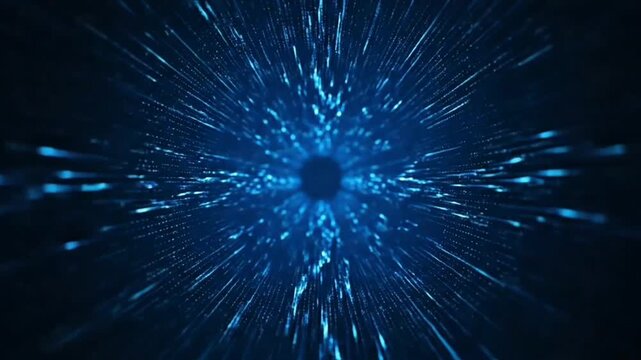 A vibrant blue explosion radiates from a central point, emitting light trails and particles, creating an energetic atmosphere, viewed from a close-up perspective.