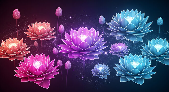 A vibrant digital illustration of glowing lotus flowers in shades of pink and blue