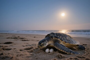 Fototapeta premium Sea turtle laying eggs on sandy beach at sunset