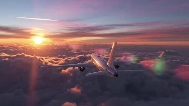 Commercial airplane soaring above f clouds during a vibrant sunset
