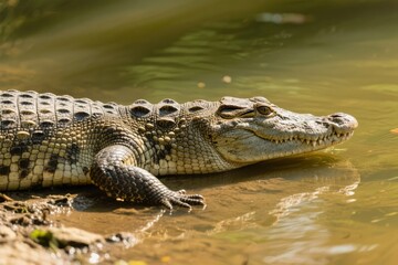 Obraz premium A crocodile resting partially in murky water, basking on a muddy bank with its head above the surface.