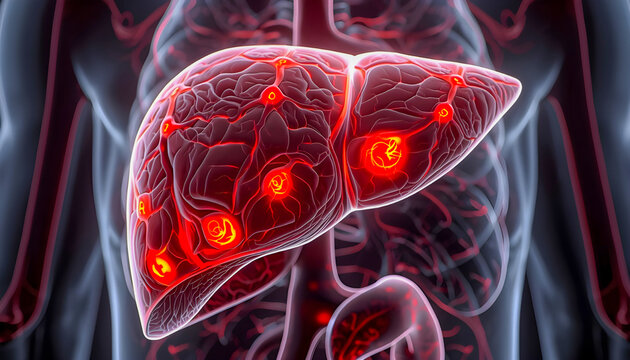 Highly Detailed AI-Generated Illustration of Human Liver with Swollen Inflamed Tissue and Glowing Inflammation, Cinematic Lighting, 5000x5000px