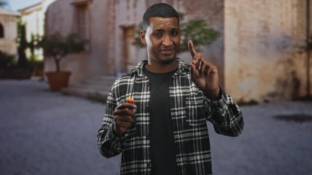 Man holding screwdriver and gesturing with raised index finger in a narrow stone street with potted plant and weathered building facade; confidence skill.