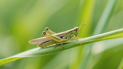 Fototapeta premium Close-up of a green grasshopper perched on a blade of grass in a natural setting