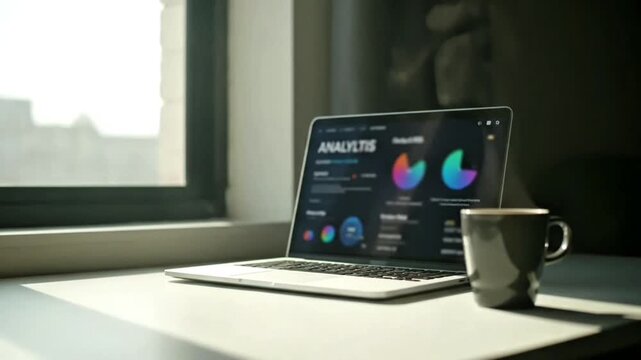 Laptop on desk by window displaying analytics with coffee cup beside it in morning light