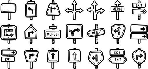 Hand-drawn Black  White Line Art Road Signs Vector Collection. Doodle Direction, Exit, and Merge Symbols for Transportation and Navigation. © pixsource