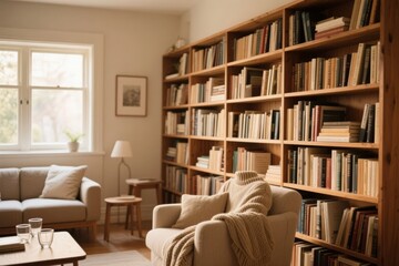 Fototapeta premium Cozy living room with large wooden bookshelf, comfortable seating, and natural light from a window